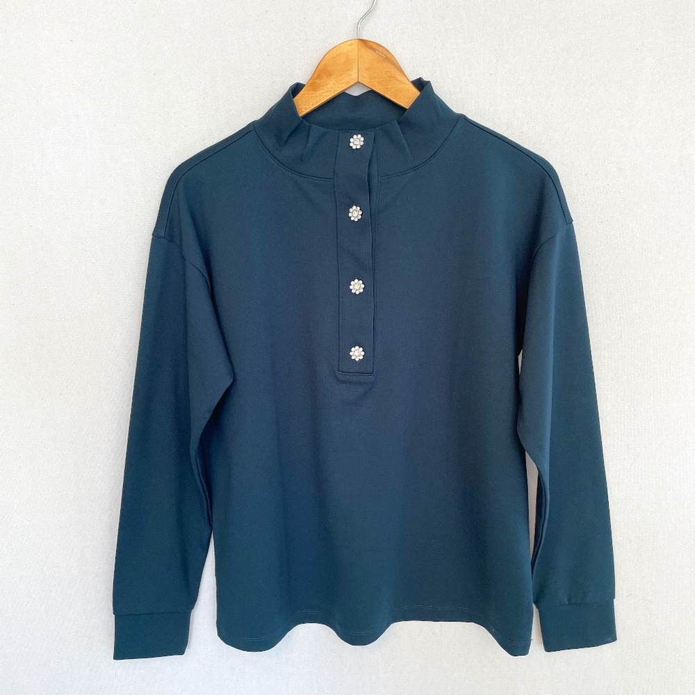 ANN TAYLOR Women's Small Dark Teal Rhinestone Button Mock Neck Jersey Knit Top